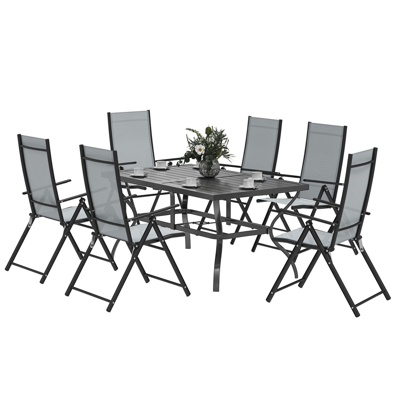 Outsunny 7 PCs Garden Dining Set, Folding Chairs and Metal Top Table, Grey