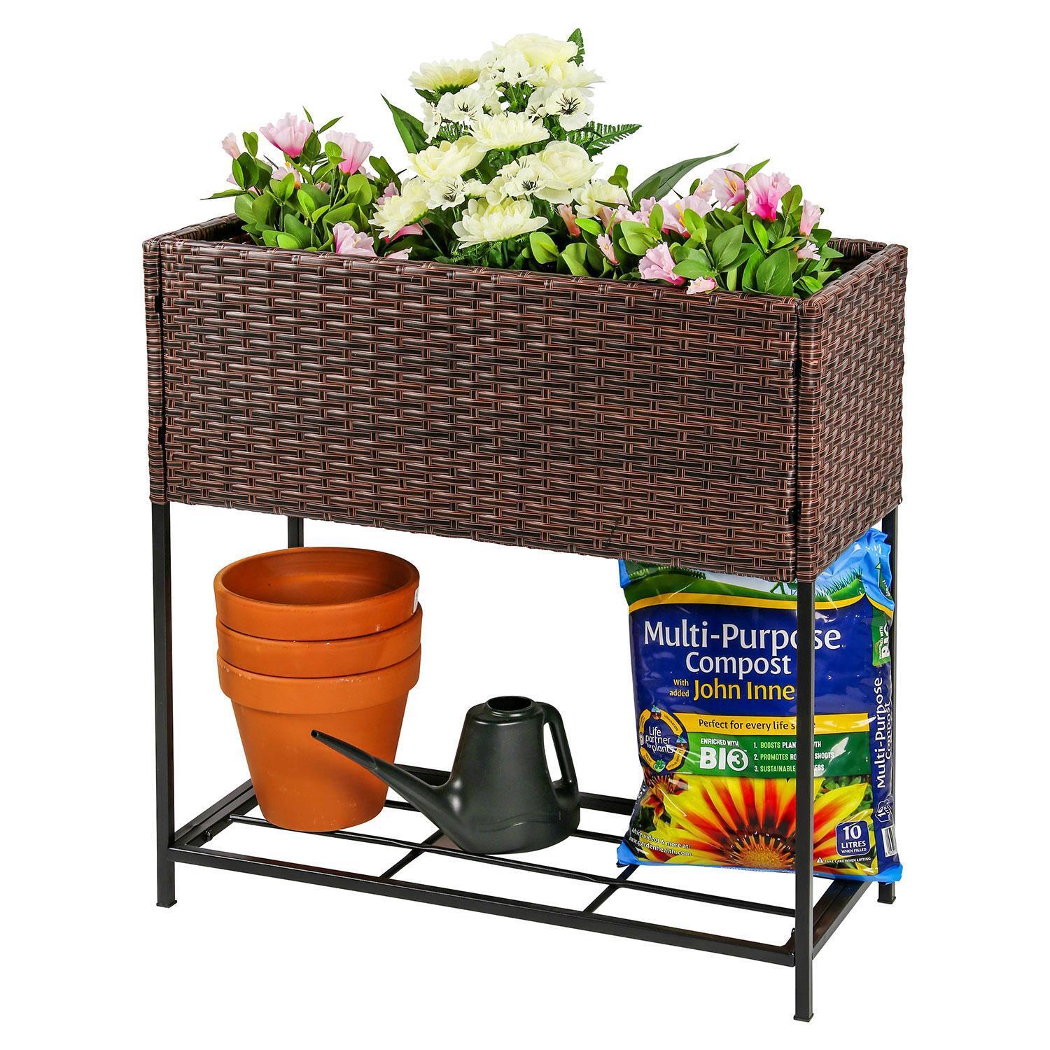 Elevated Garden Rattan Planter Flower Raised Bed Herb Grow Box Container + Shelf