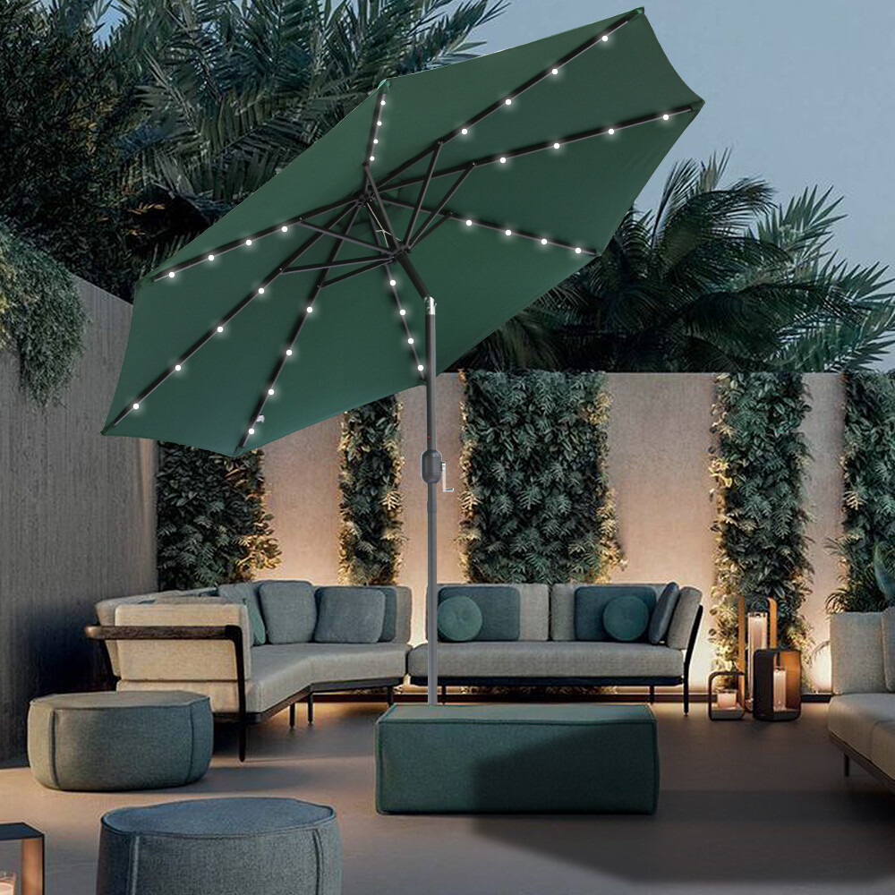 2.7M Round Garden Parasol LED Sun Shade Outdoor Patio Umbrella Crank Tilt Green