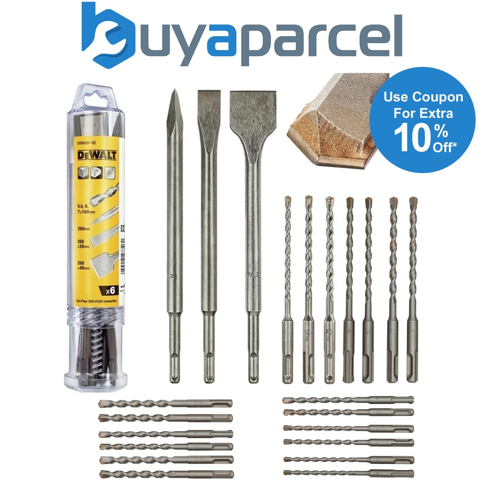 Dewalt 22 Piece SDS+ Flat Chisels Spade + Point + Carbide Drill Bit Set SDS PLUS