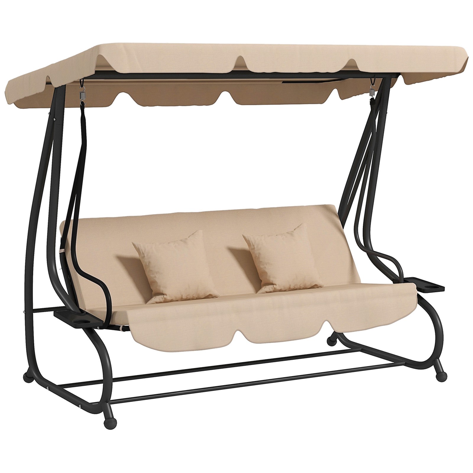 Outsunny 2-in-1 Garden Swing Chair for 3 Person w/ Adjustable Canopy Light Brown