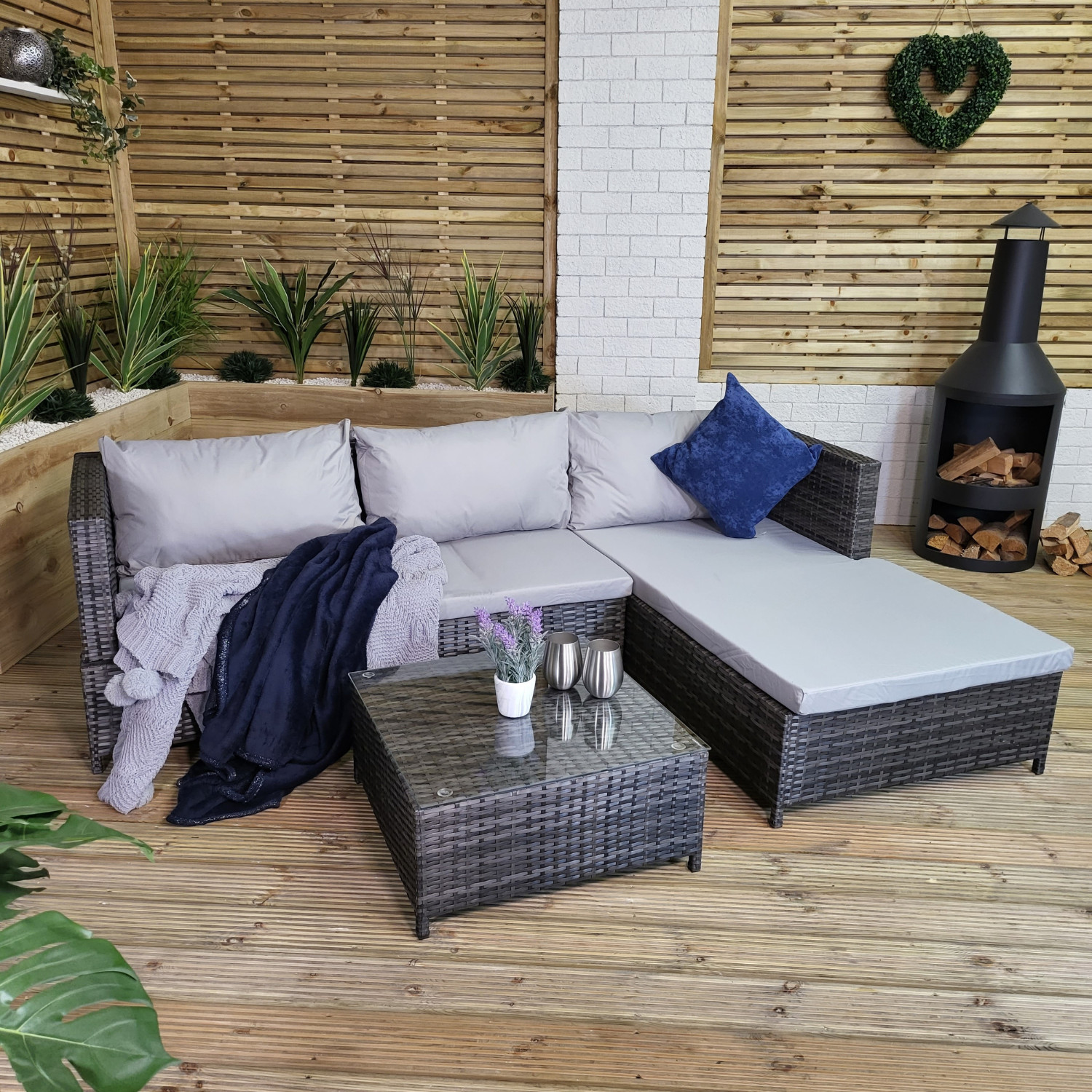 3PC 4 Seater Brown Rattan Garden Sofa Daybed Grey Cushions and Coffee Table
