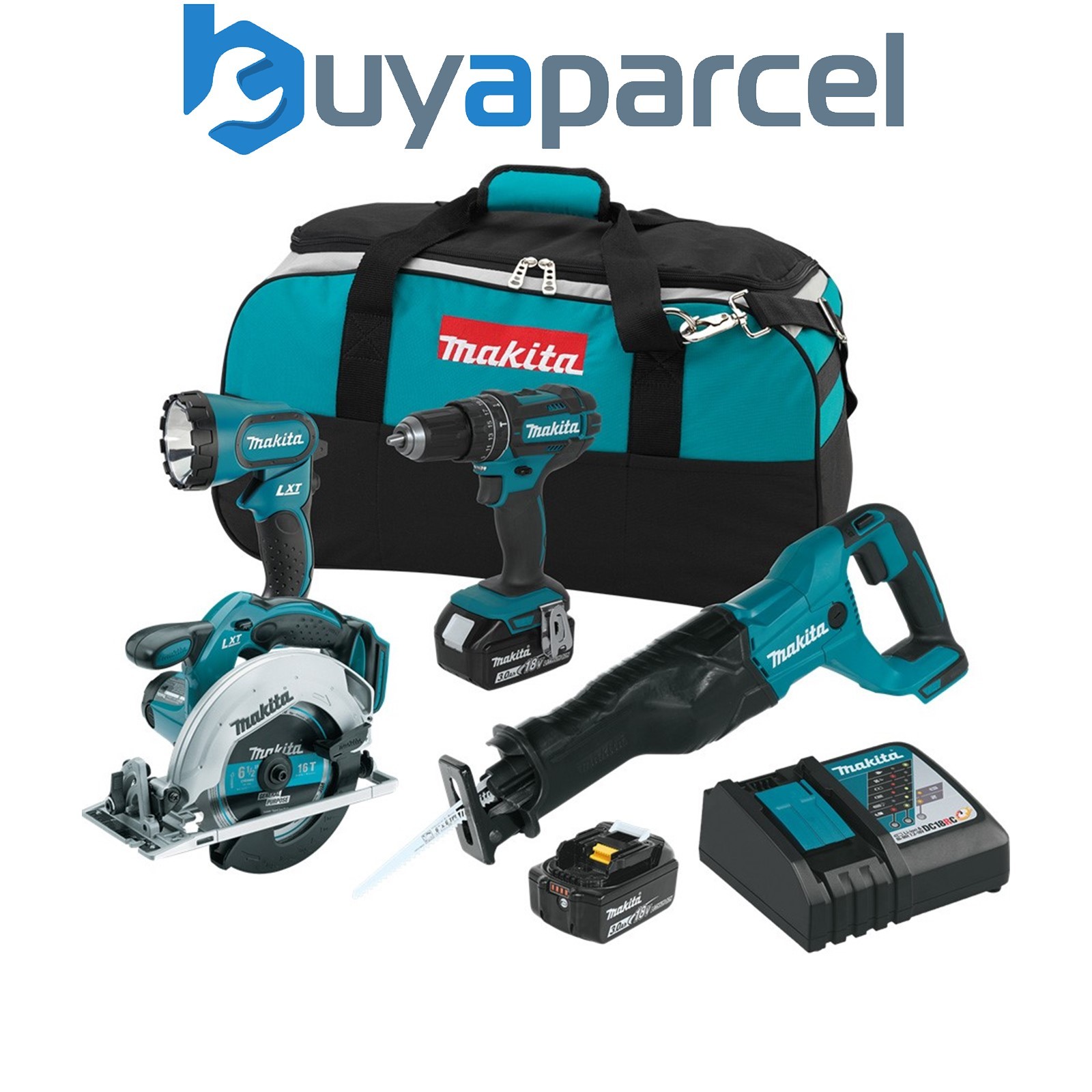 Makita LXT 18v 4 Piece Kit - Drill Circular Saw Reciprocating Saw Torch 2 x 3ah