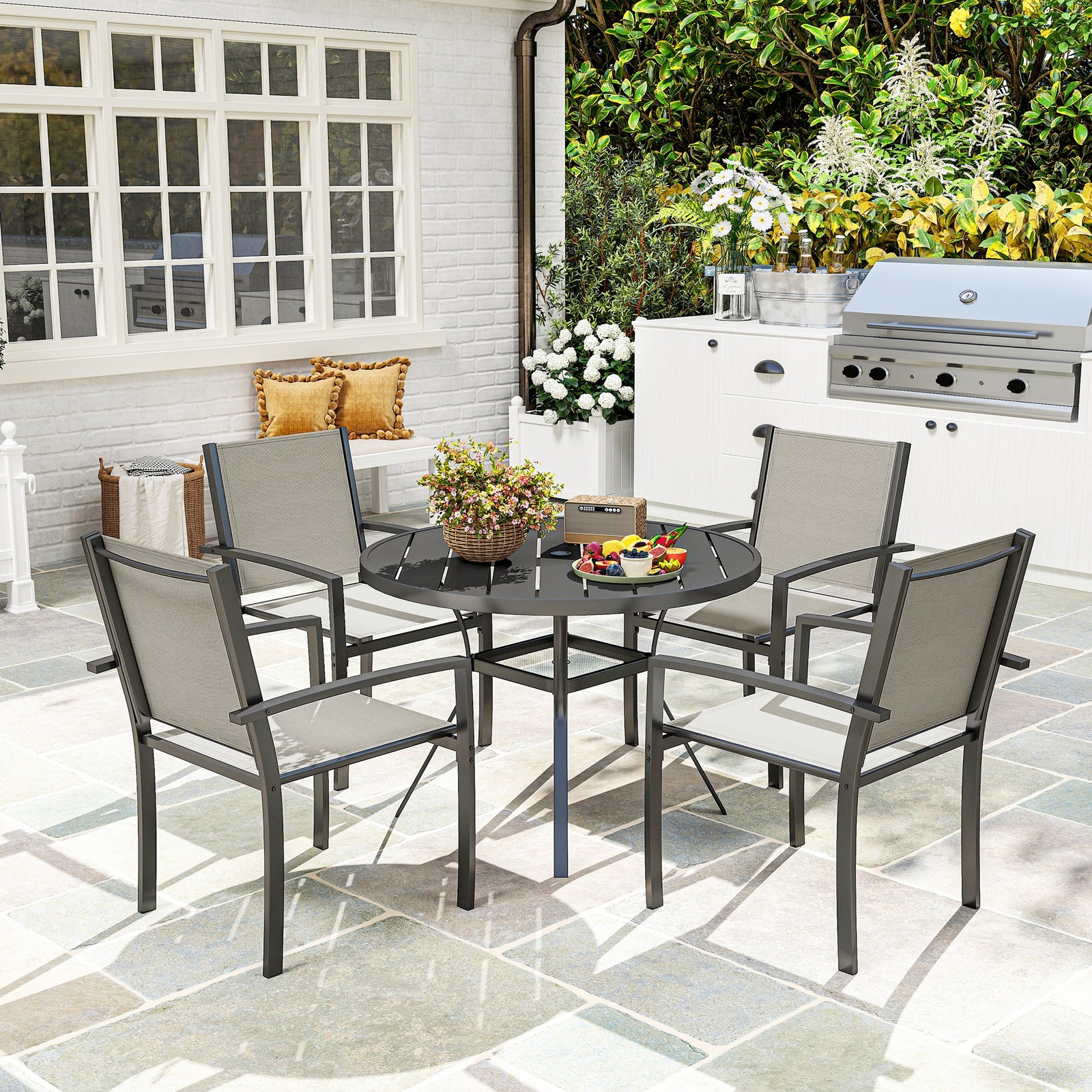 5 Piece Garden Furniture Set, Outdoor Dining Set w/ 4 Stackable Chairs Dark Grey