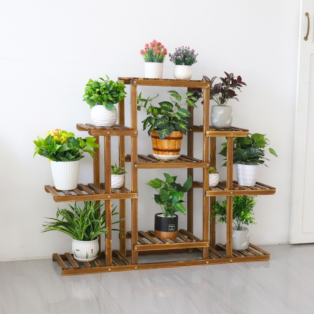 9 Tier Large Carbonized Wood Plant Stand Flower Pot Display Shelf Indoor Outdoor
