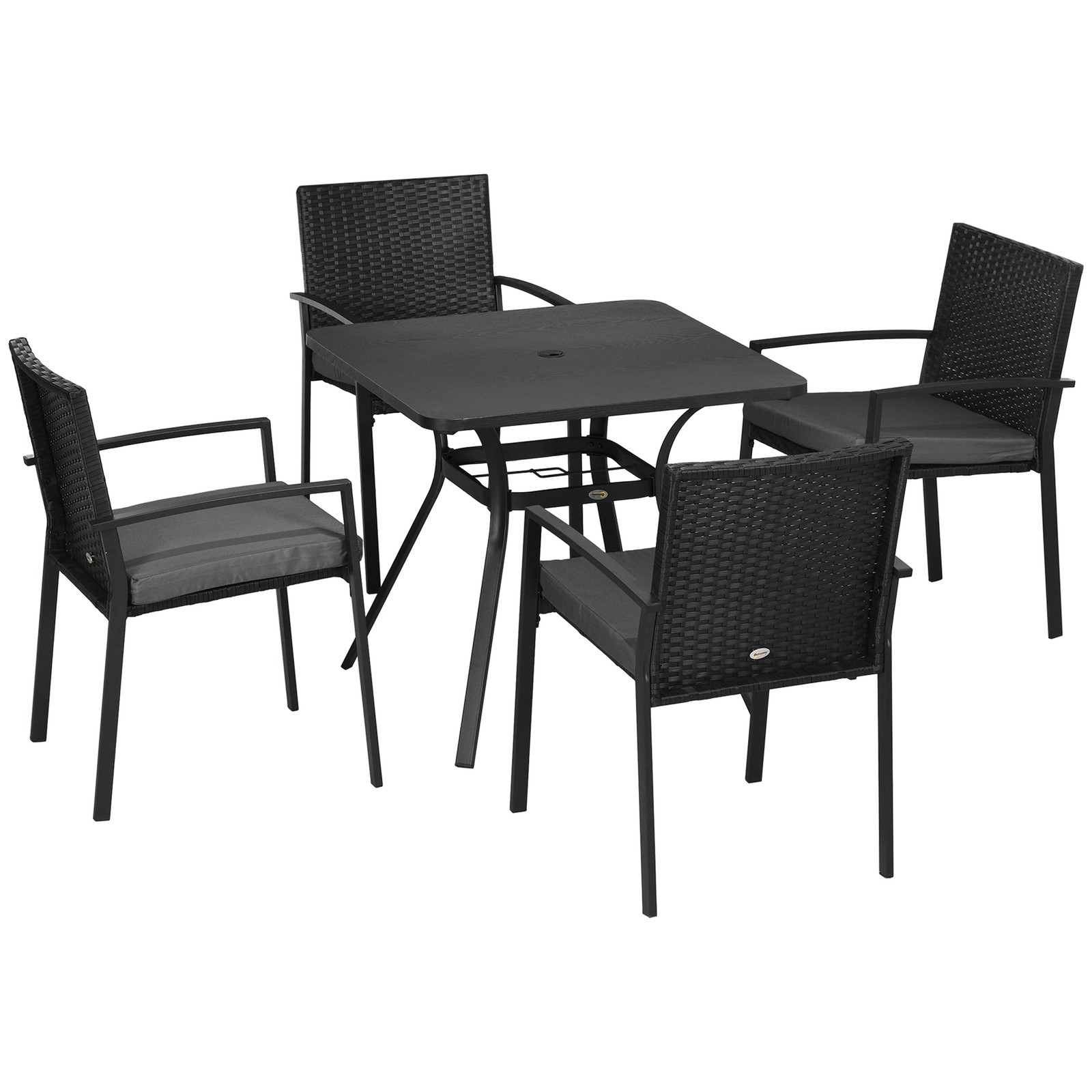 Outsunny Rattan Garden Dining Set for 4 with Cushions Umbrella Hole, Black