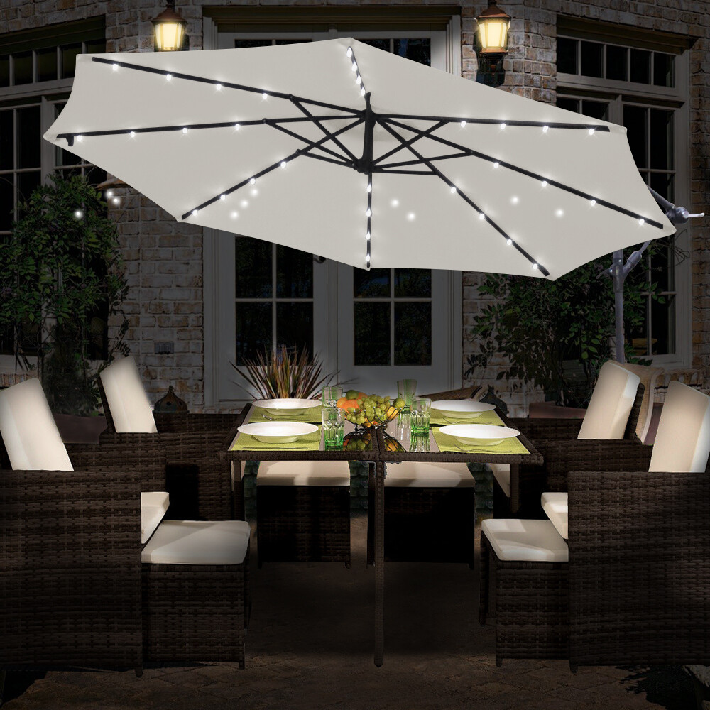 32 LED Solar Powered Parasol Garden Banana Hanging Umbrella Cantilever Cream