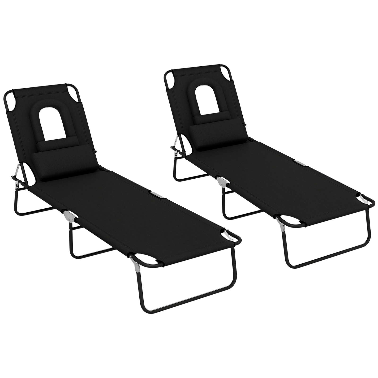 Outsunny Folding Sun Lounger Set of 2 Reclining Chair with Reading Hole Black