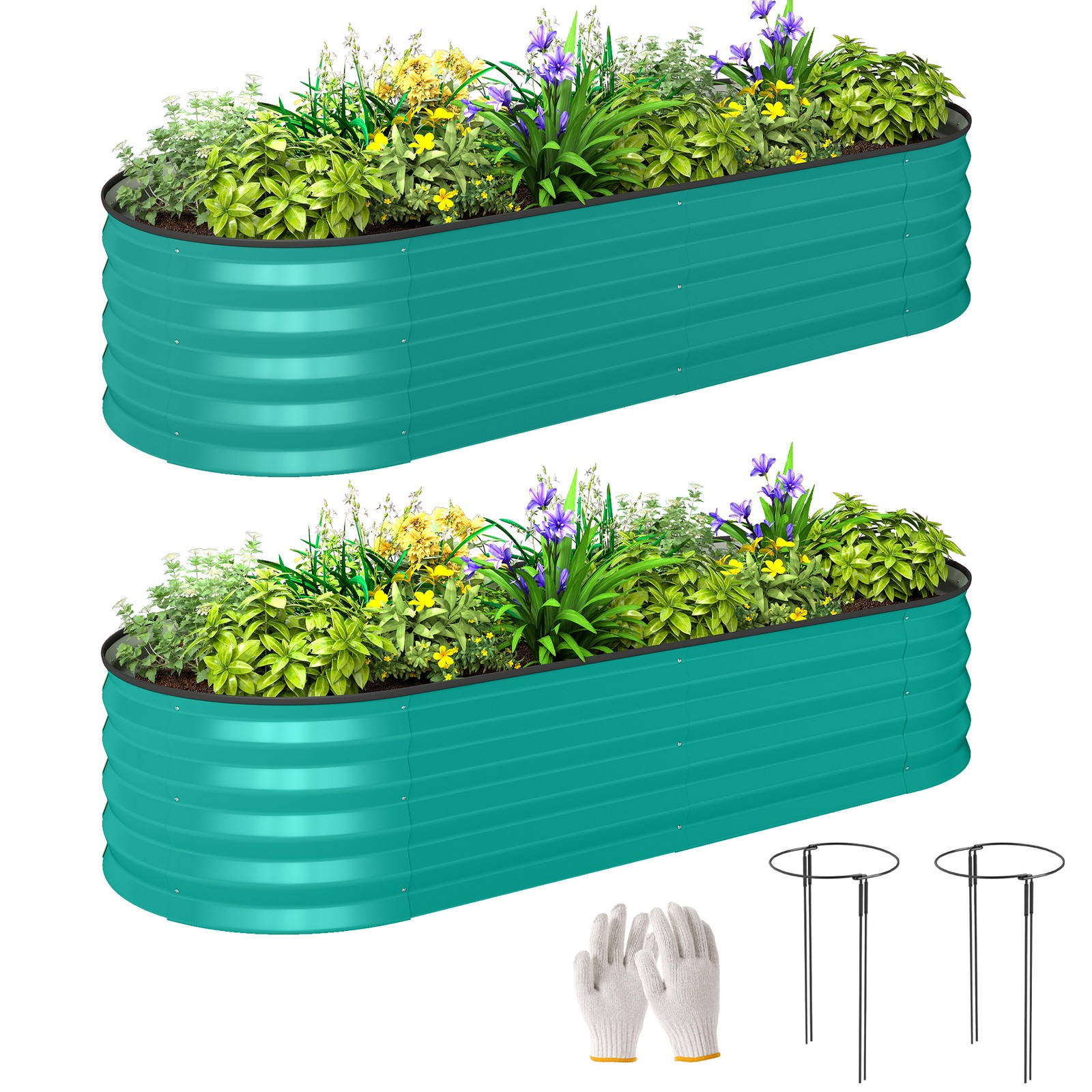 Outsunny Set of 2 Raised Beds for Garden with Metal Plant Stakes, Green
