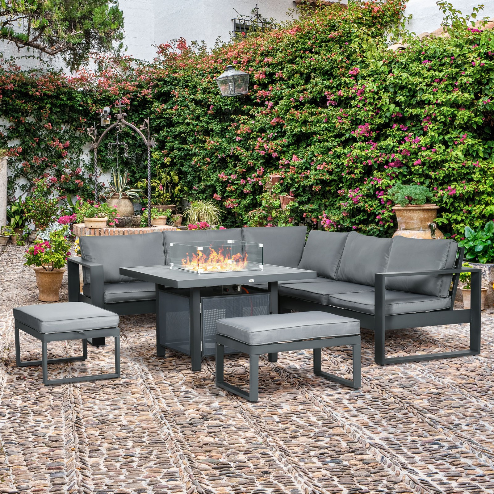 6pcs Outdoor Furniture Set, Garden Corner Sofa with Fire Pit Table, Aluminium