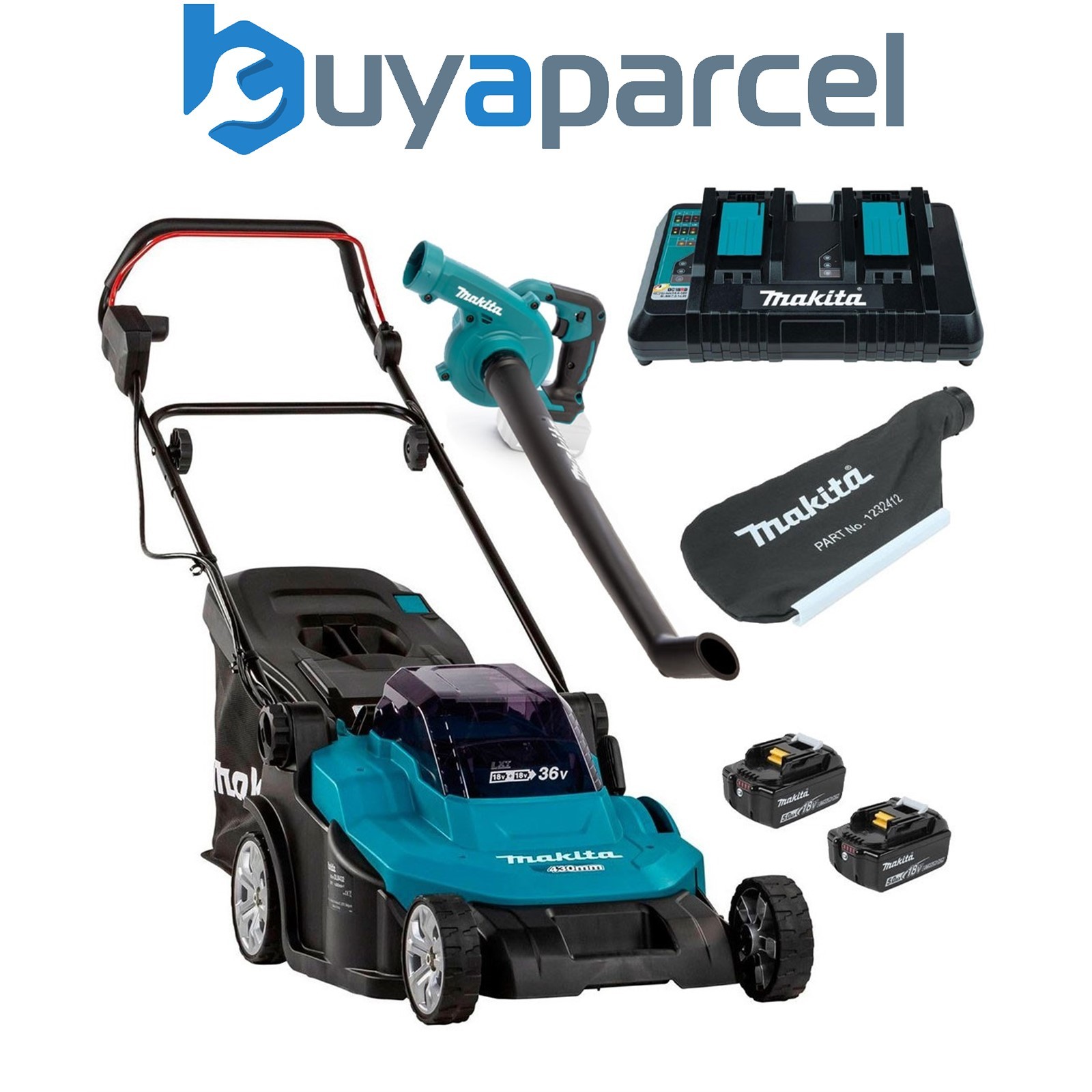 Makita DLM432PT2 Twin 18v / 36v LXT Cordless 43cm Lawn Mower + Blower Vacuum 5ah