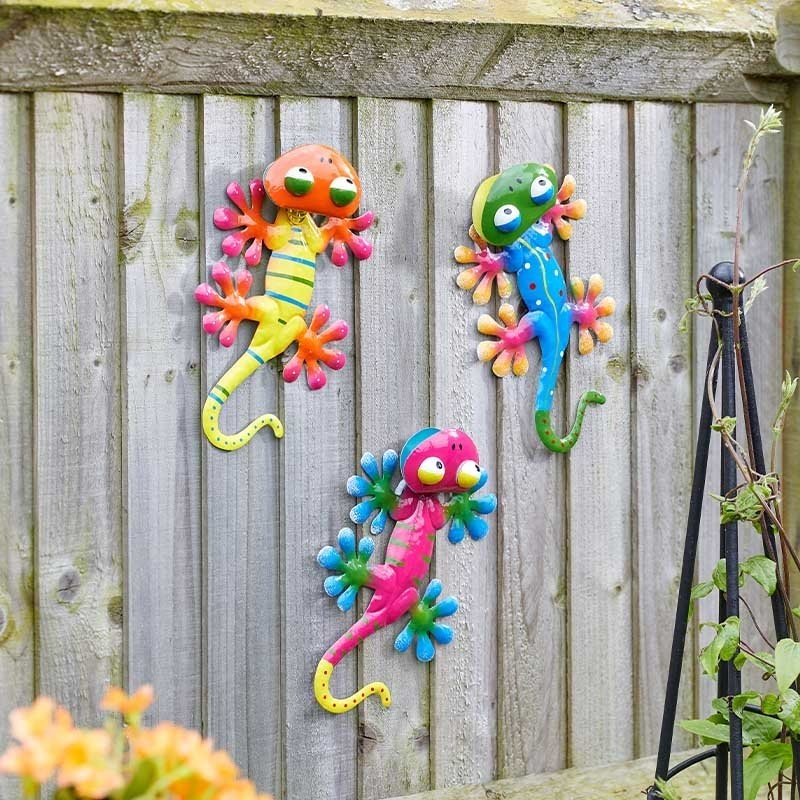 Garden Wall Ornament Gecko 3pck Metal Lizard Decoration Multicoloured Mounted
