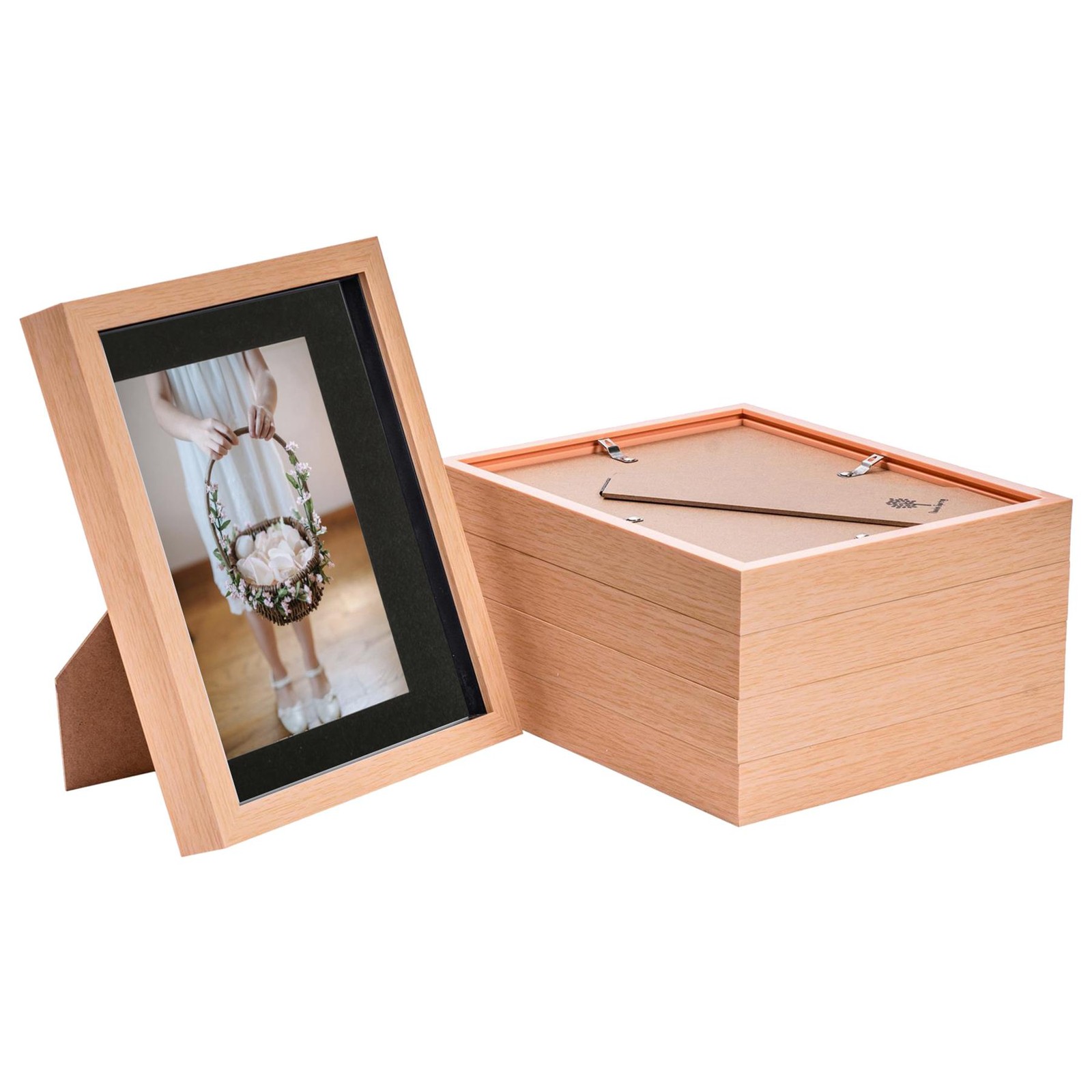 5x 3D Box Photo Frames Display 8 x 10" with 5 x 7" Mount Light Wood/Black