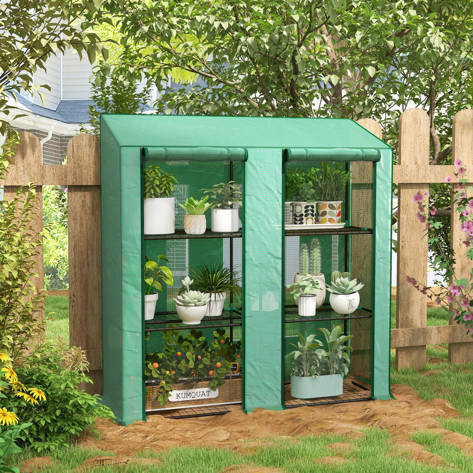 3 Tier Mini Greenhouse Portable Green House w/ Roll-up Doors, 151H x 143Wcm