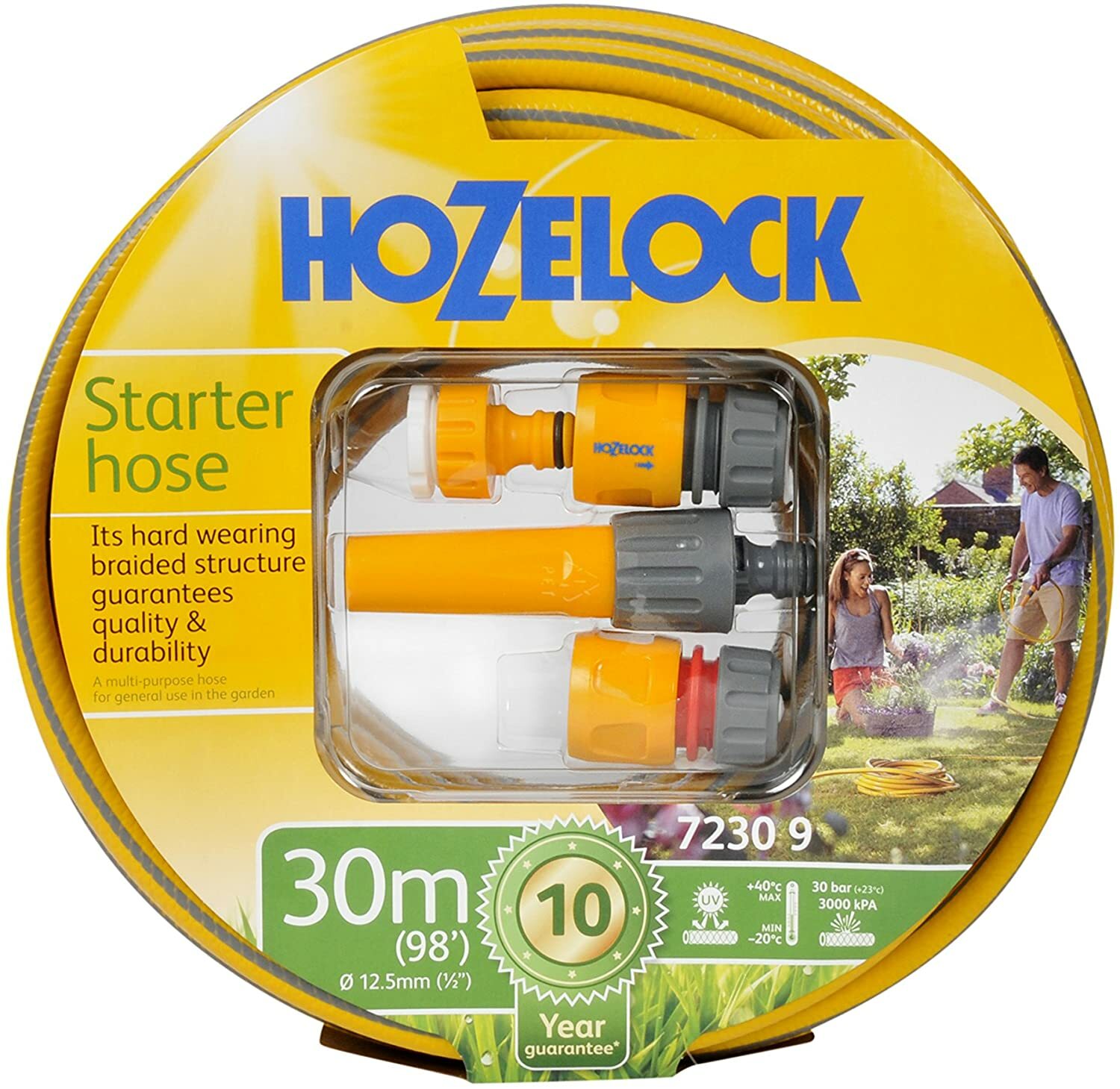 Hozelock Garden Outdoor Starter Water Hose Pipe Set with Fittings & Nozzle 30m