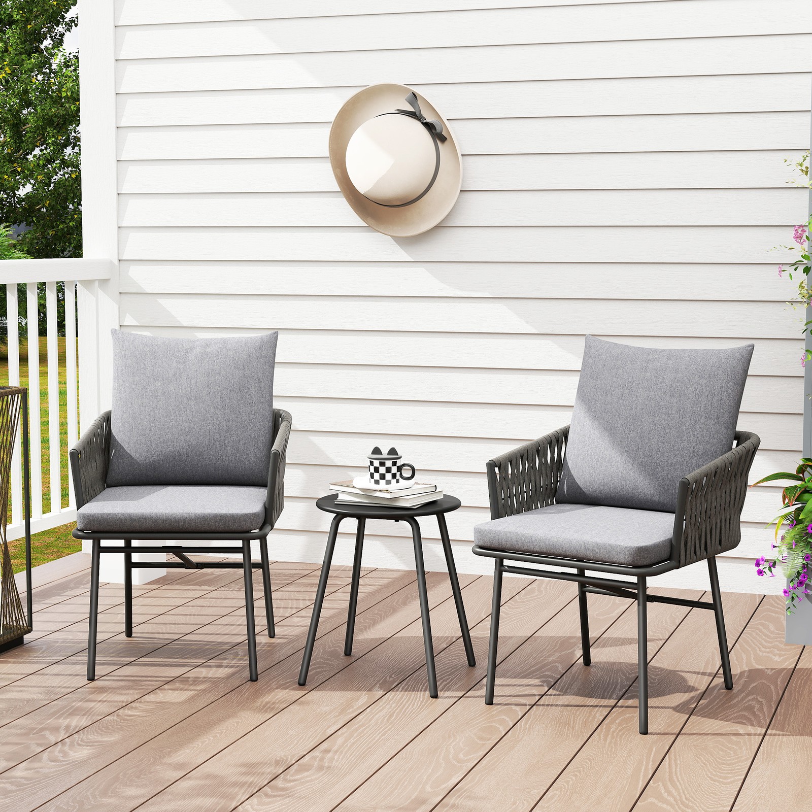 Rattan Bistro Set, Garden Table and Two Chairs with 4 Cushions, Grey