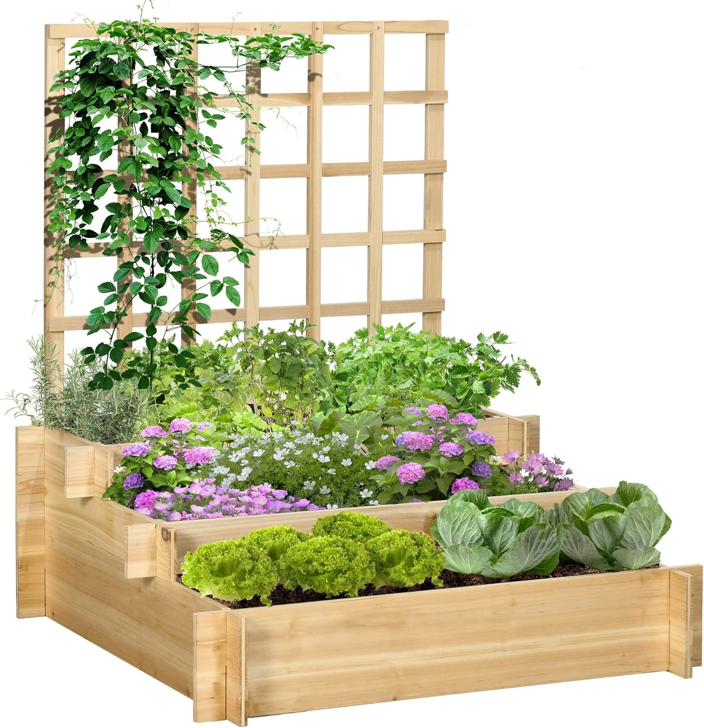 Outsunny 3 Tier Planters with Trellis for Vine Climbing, Wooden Raised Beds for