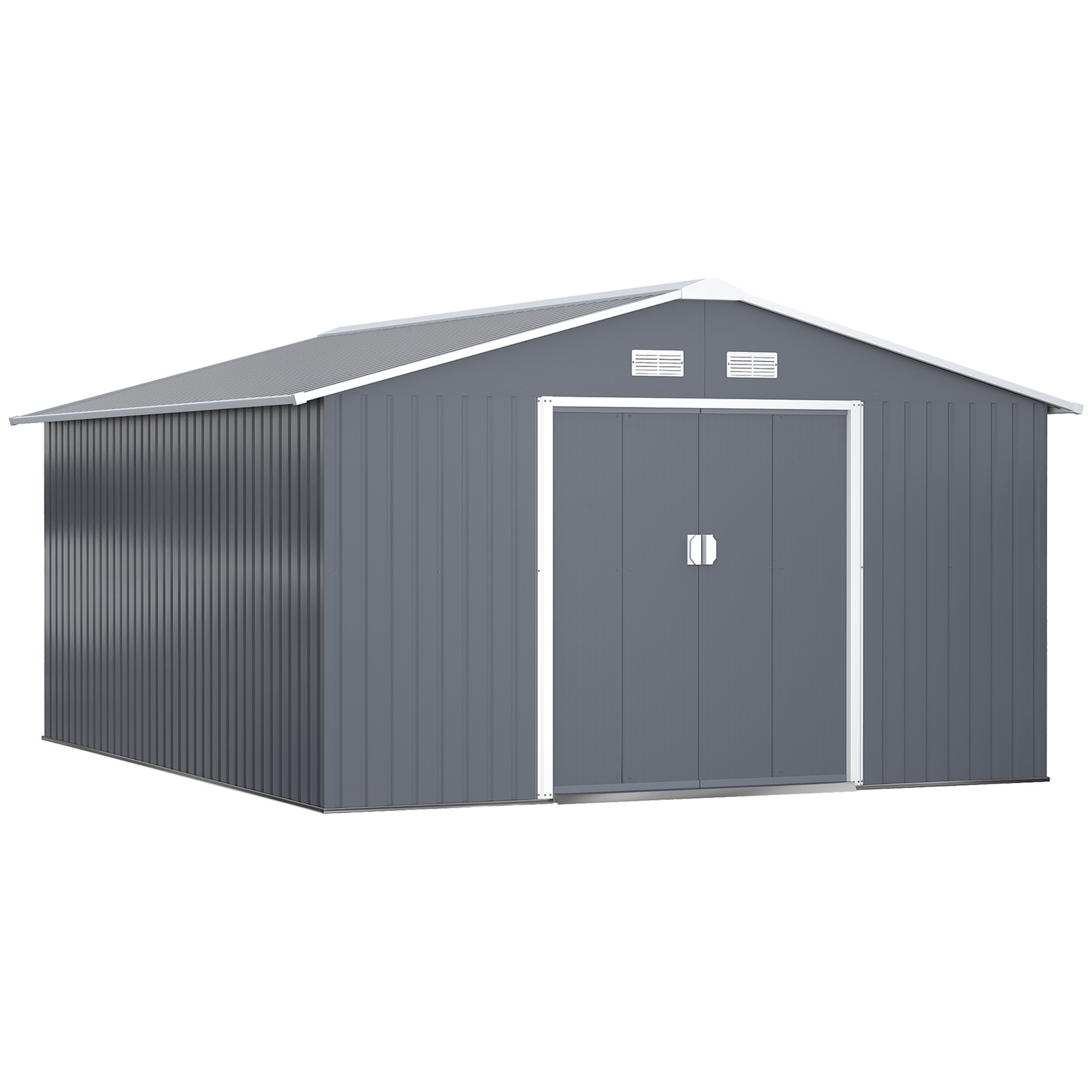 Outsunny 13 x 11ft Garden Shed Storage with Foundation Kit and Vents, Grey