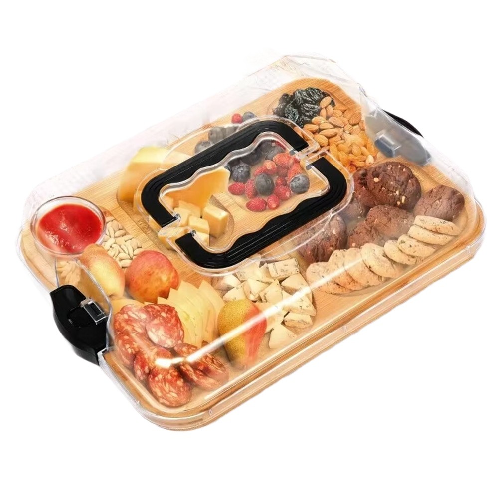 Wooden Cheese Board Snack Tray Picnic Box Tray with Grid Fruit Bento Box6632