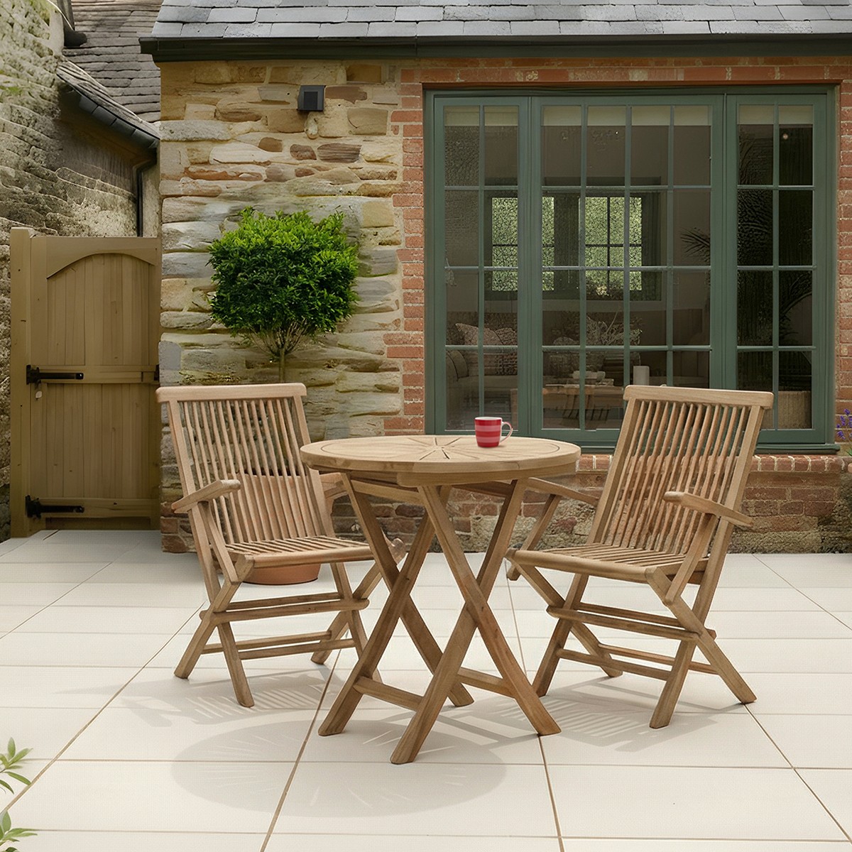 Charles Bentley Pair of Solid Wooden Teak Garden Outdoor Folding Arm Chairs