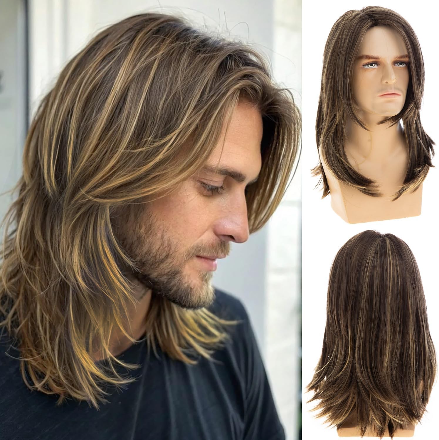 Long Layered Brown Wigs for Men Synthetic Heat Resistant Halloween Cosplay Hair