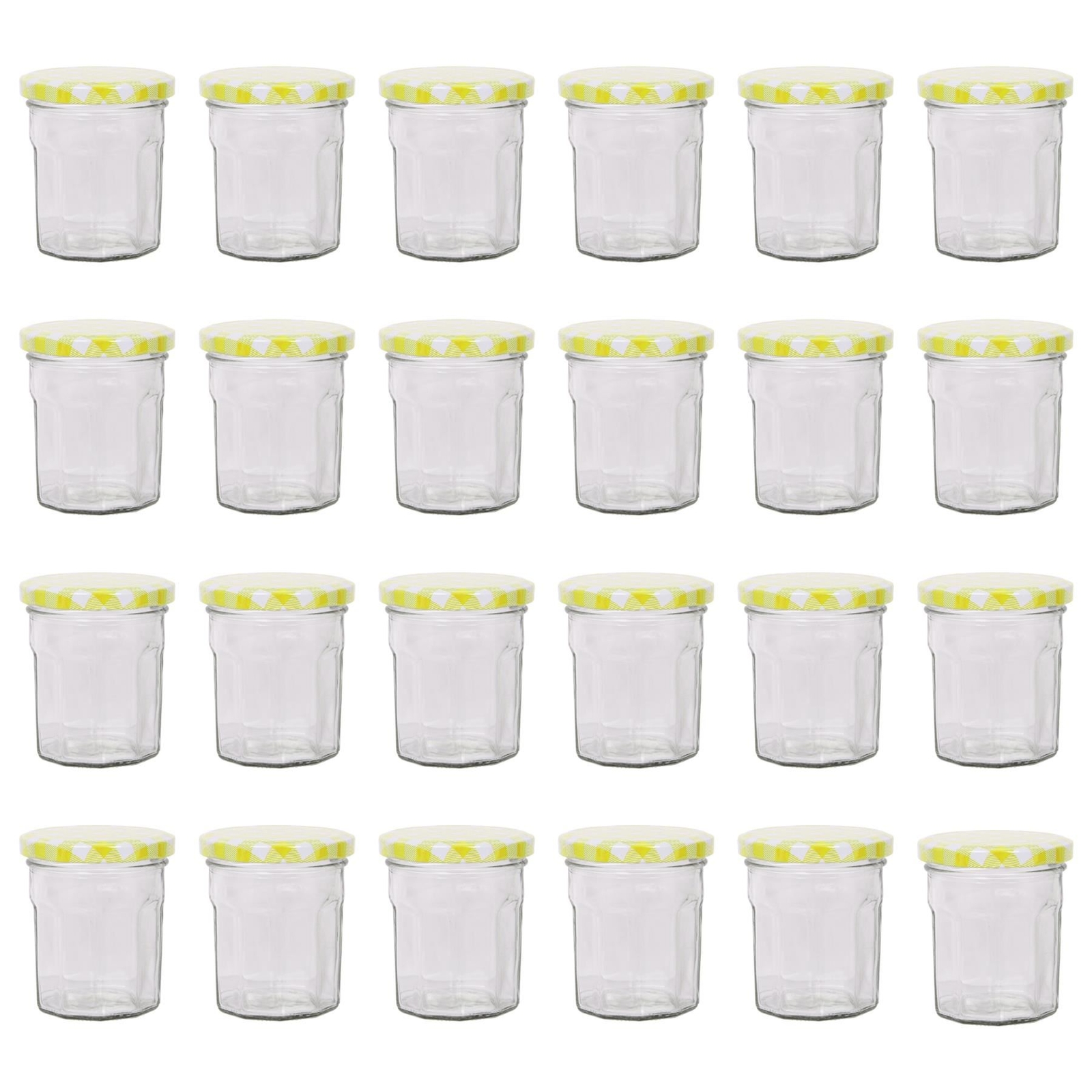 24x 150ml Glass Jam Jars with Yellow Gingham Lids Chutney Preserve Honey Storage