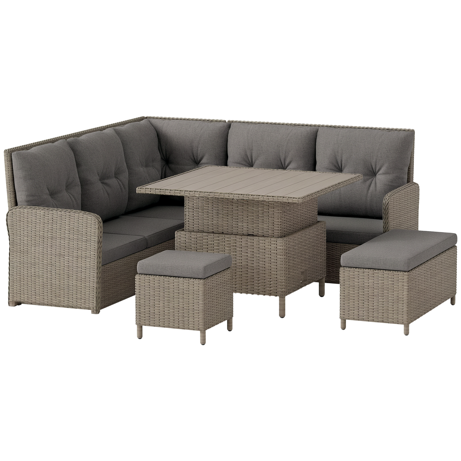 Outsunny 6 PCs Rattan Garden Furniture Sectional Corner Sofa, Light Grey