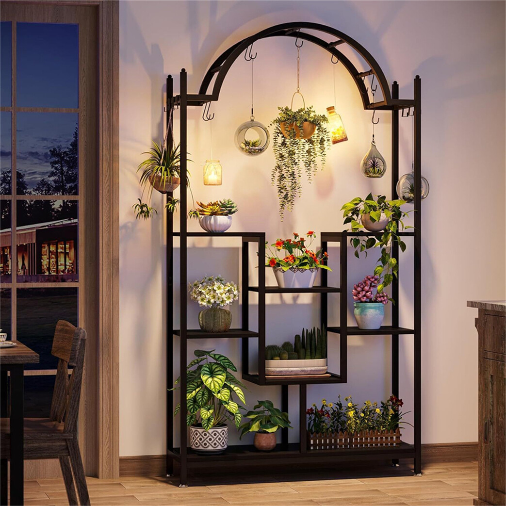 Multi Tier Metal Hanging Plant Stand Freestanding Flower Pot Rack with 16 Hooks
