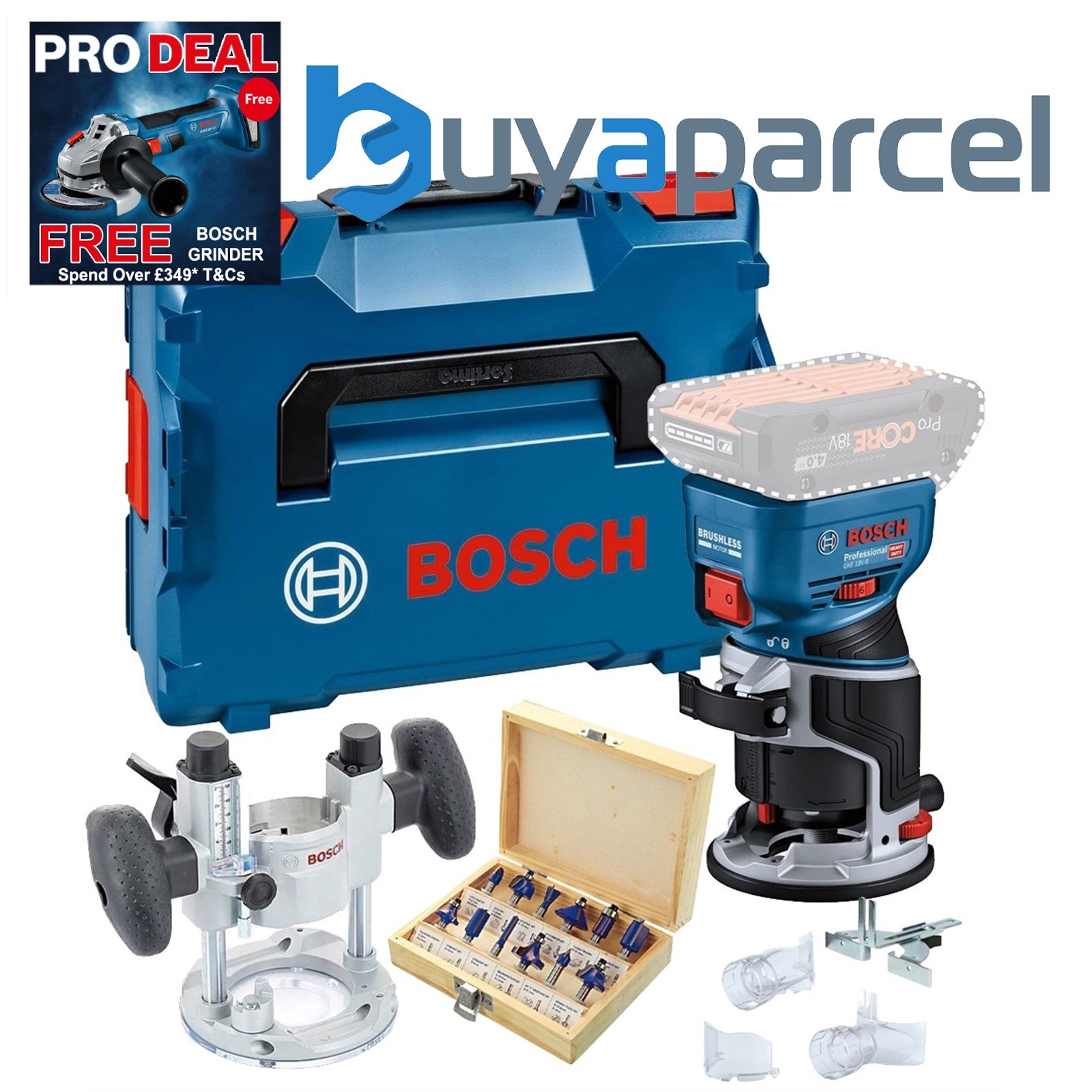 Bosch GKF 18v Brushless Palm Router Trimmer Lboxx Plunge Base + 12PC Cutter Set
