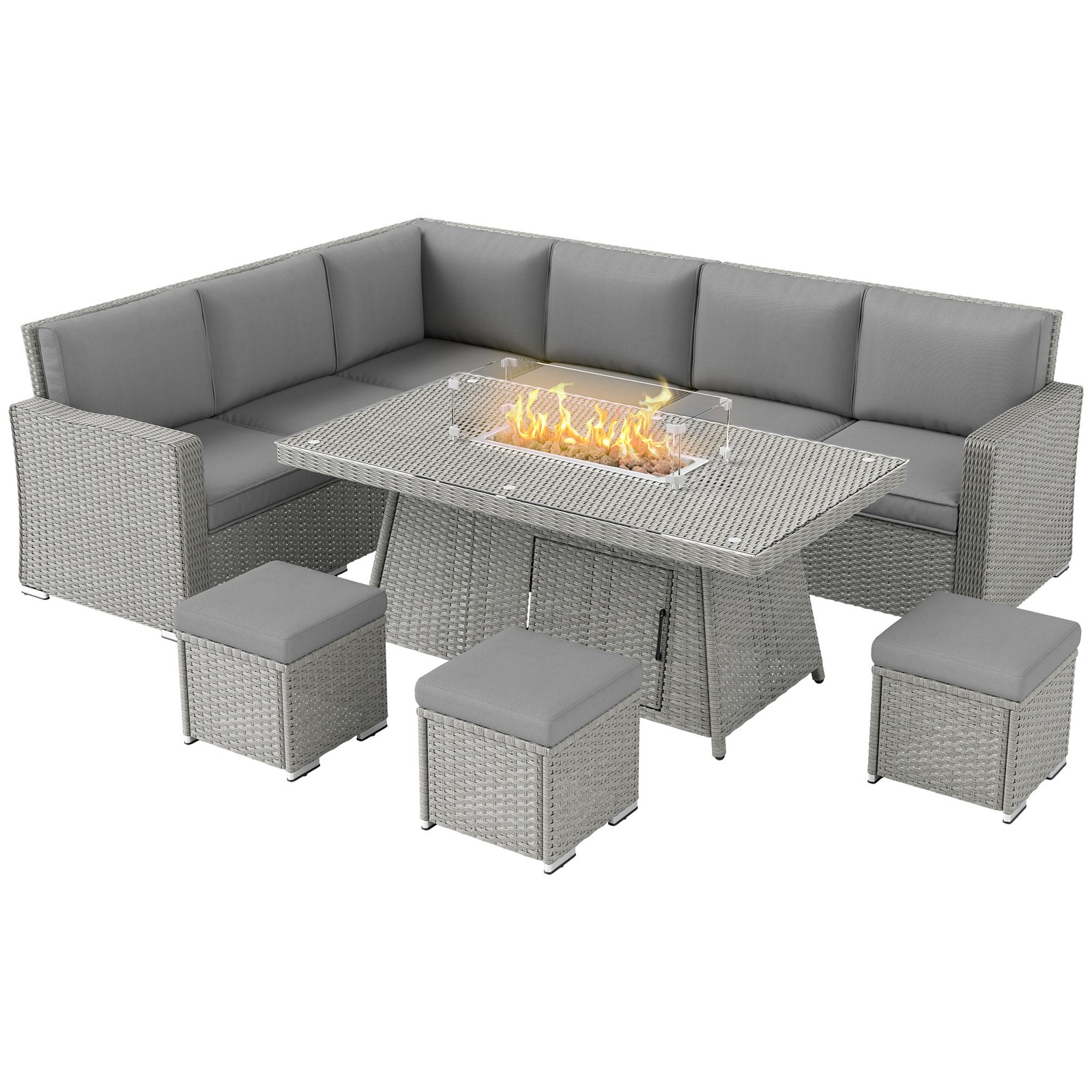 Outsunny 7 Pieces Rattan Garden Furniture Set w/ 50,000 BTU Fire Pit Table