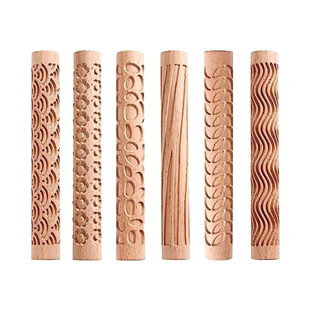 6 PCS Wood Clay Modeling Pattern Rollers Kit Easy To Use J5M96560