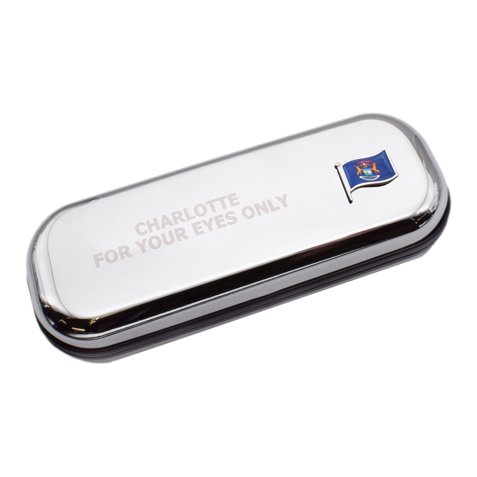Michigan Wave Flag & Engraved With Message Chromed Glasses Case Box