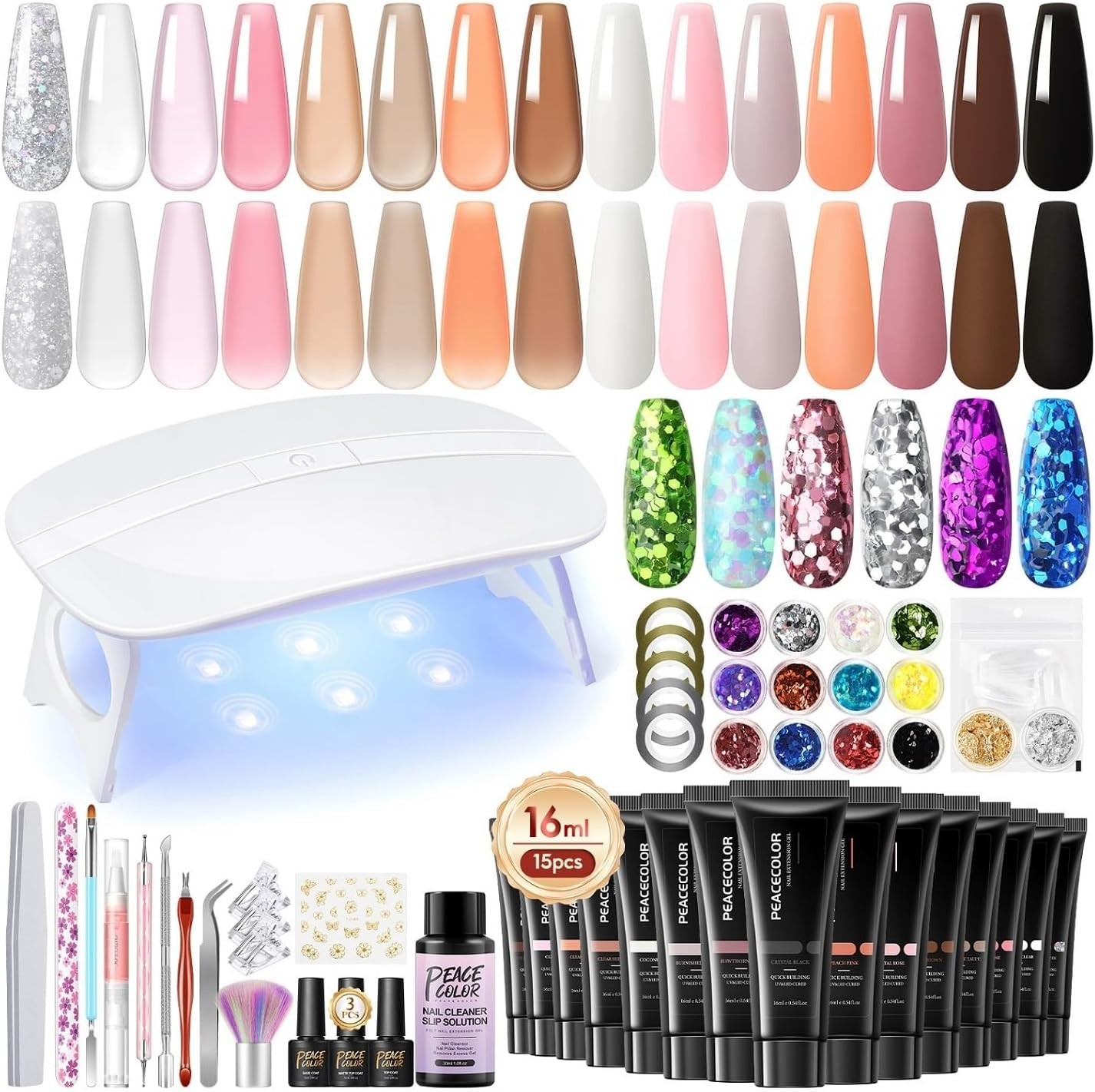 PEACECOLOR 42PCS Poly Extension Gel Nail Kit Clear Pink Nude with Lamp,15 Color