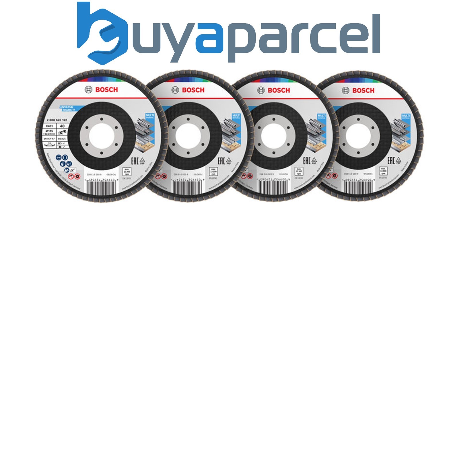 Bosch X451 Flap Disc Set 115 x 22.23mm G40 60 80 120 T29 15pcs 2608626161