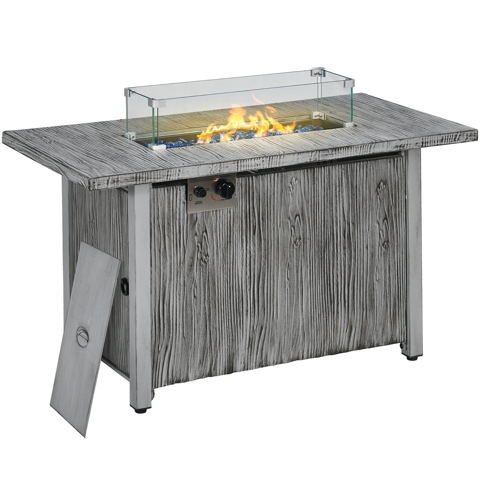 Outsunny Fire Pit Table with 50,000 BTU Burner, Cover, Glass Screen, Grey