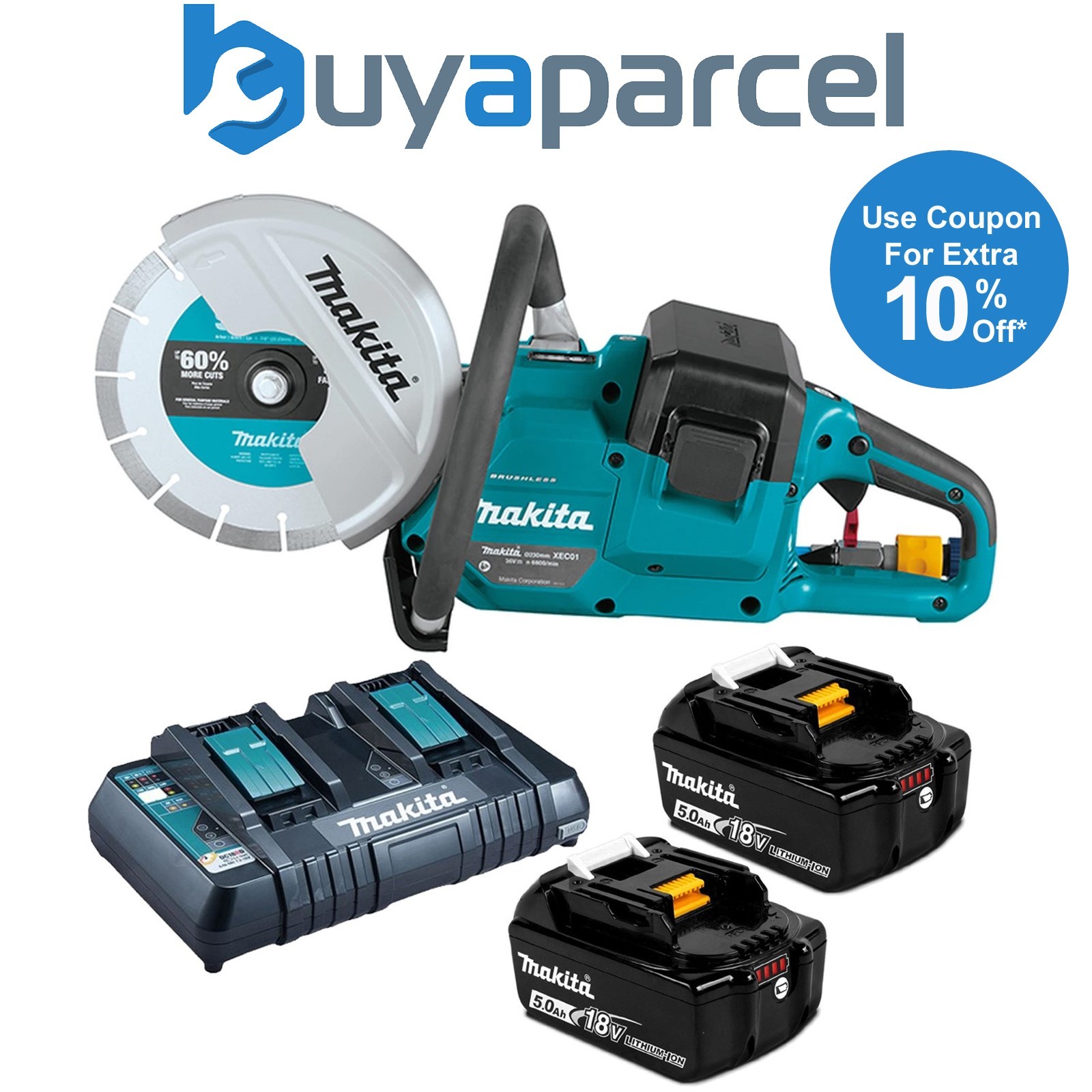 Makita DCE090T2X1 18v / 36v 9" Cordless Brushless Power Disc Cutter Saw 2 x5.0ah