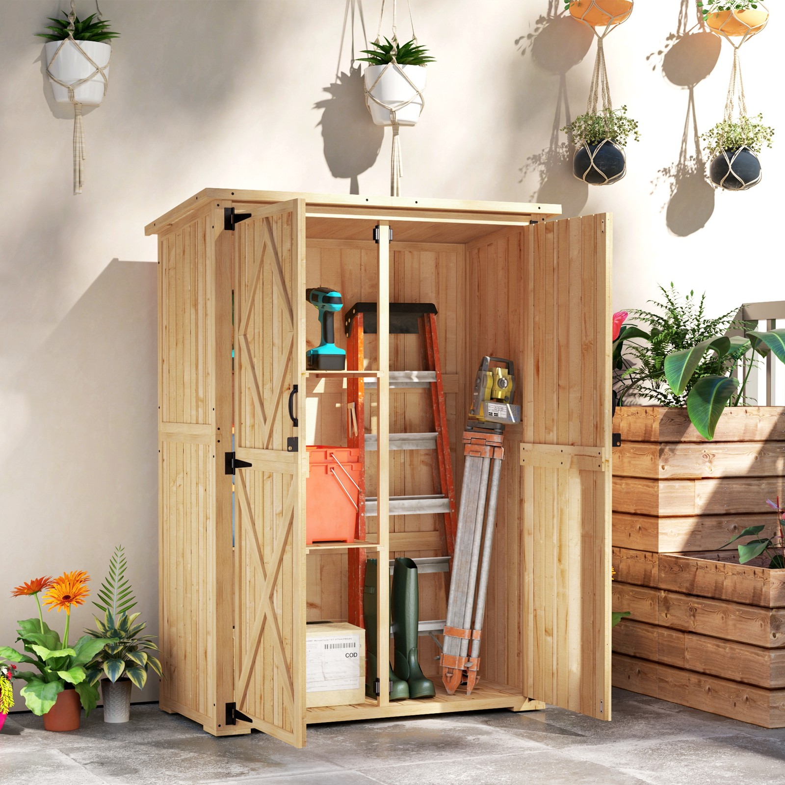 Wooden Garden Storage Shed with Double Doors and 2 Shelves, Natural