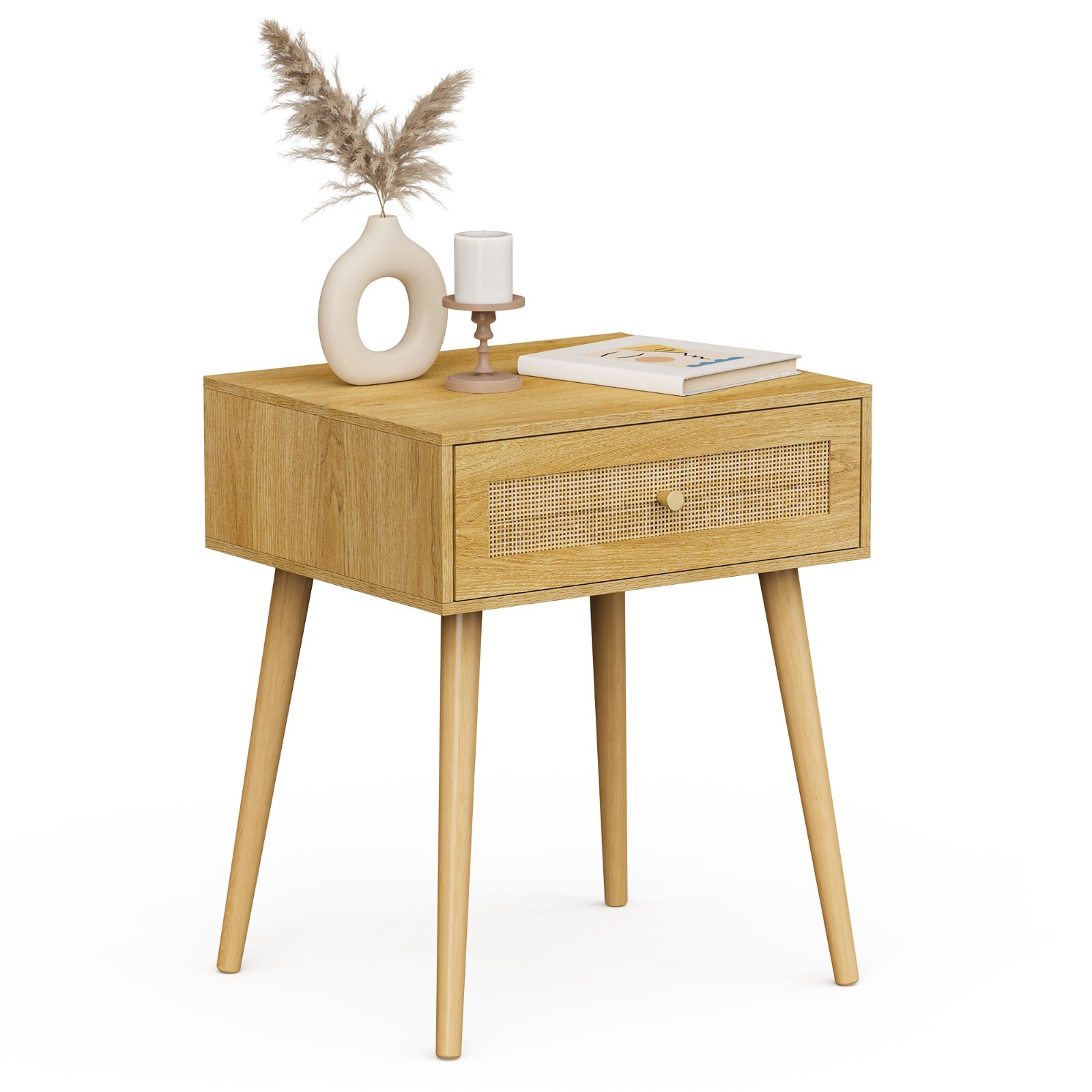 Bedside Table with Natural Rattan Drawers, Side Table with 1 Drawer - VonHaus