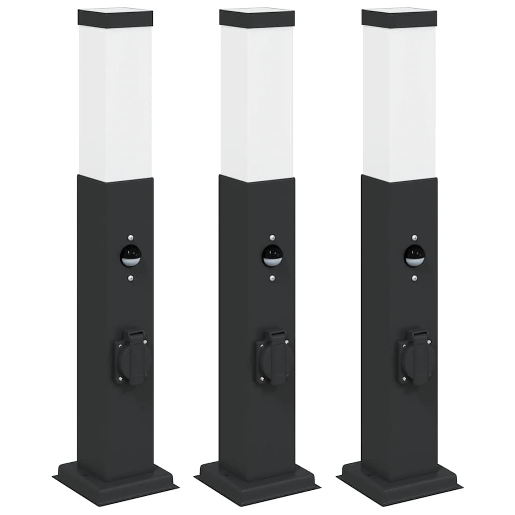 Bollard Lights 3pcs 50cm Black Stainless Steel with Sensor & Outlet IP44 vidaXL