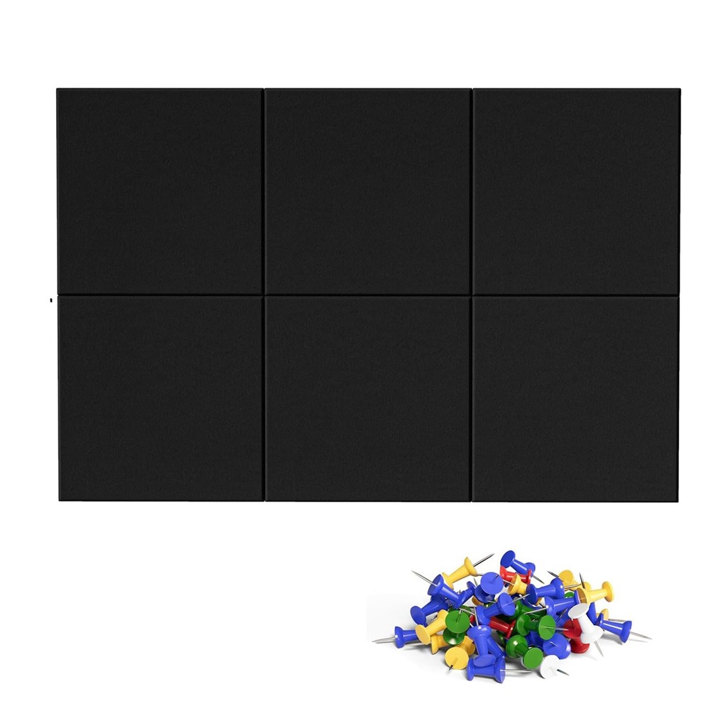 Cork Board Alternative, 6 Pack Felt Wall Tiles with 50 Pushpins, Black Cork7485