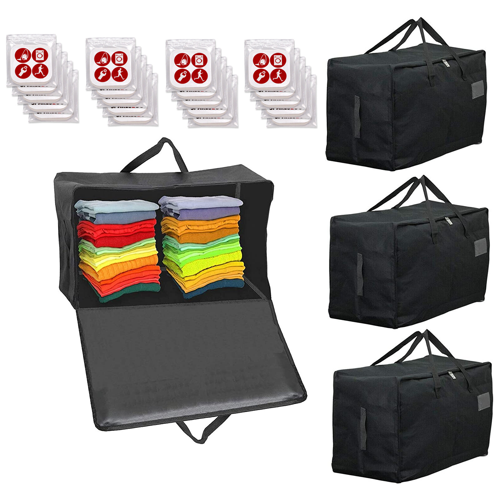 Large Canvas Bag Zipped Clothes Shoes Wardrobe Organiser Storage 100L Black x 4