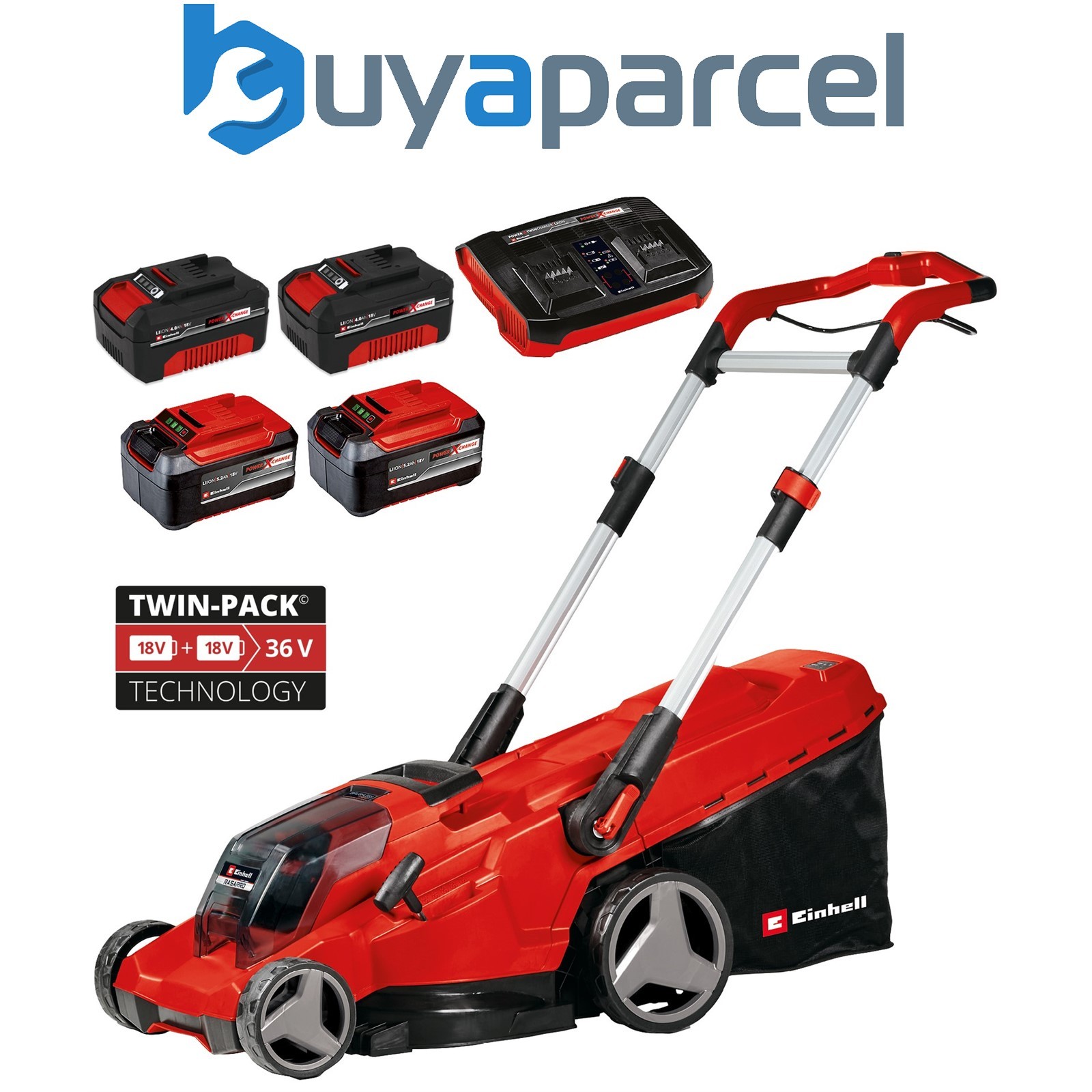 Einhell Cordless Twin 18v / 36v Lawnmower 42cm RASARRO 36/42 PXC - 4 x Batteries