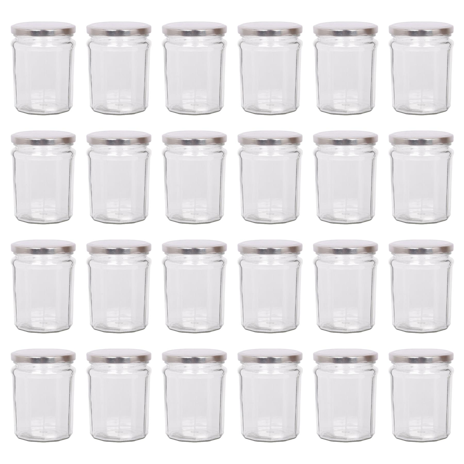 24x 380ml Glass Jam Jars with Silver Lids Chutney Preserve Honey Pickle Storage
