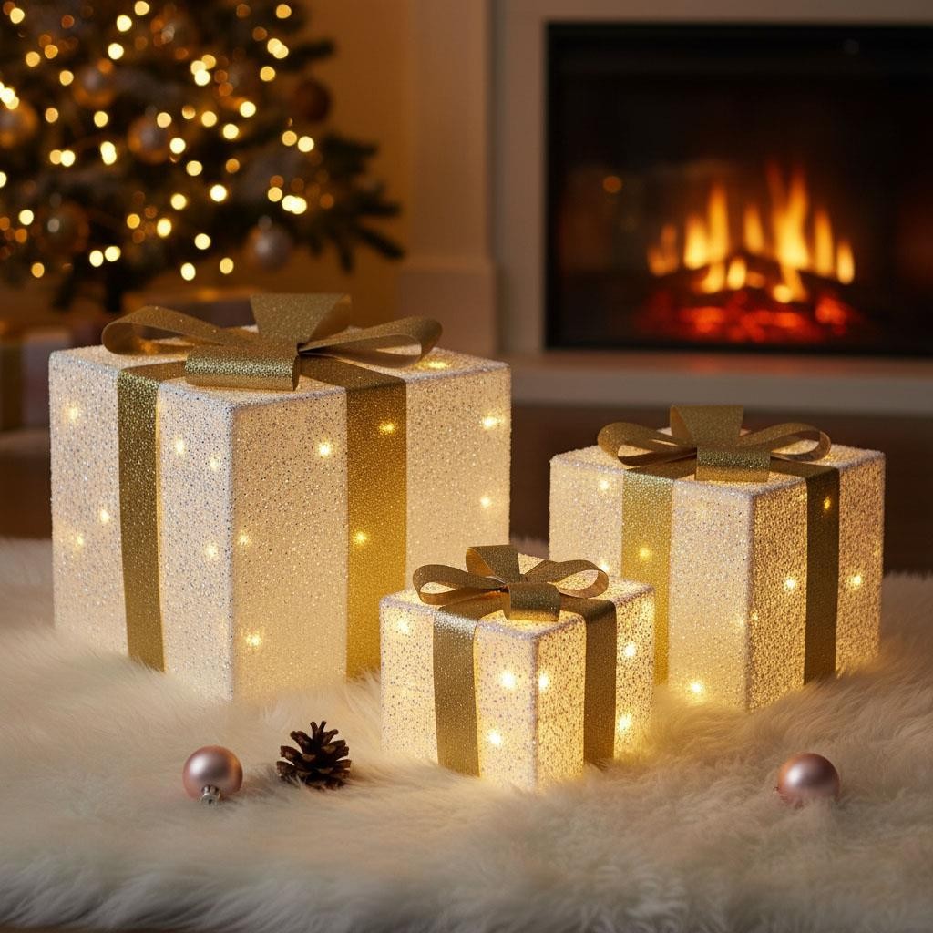 3x Christmas Gift Boxes Decoration LED Light Up Presents Parcels Xmas Decor Home