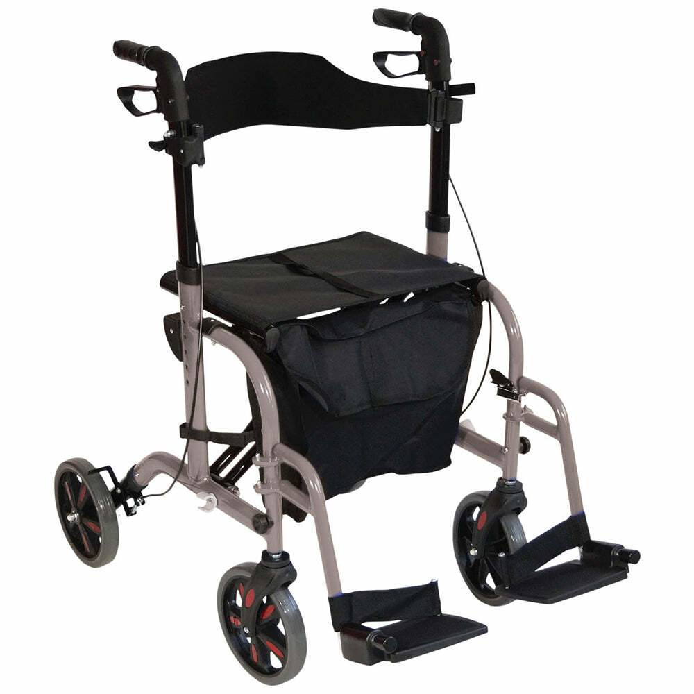 Grey Deluxe Aluminium Rollator and Transit Chair 2-in-1 Dual Function Walker