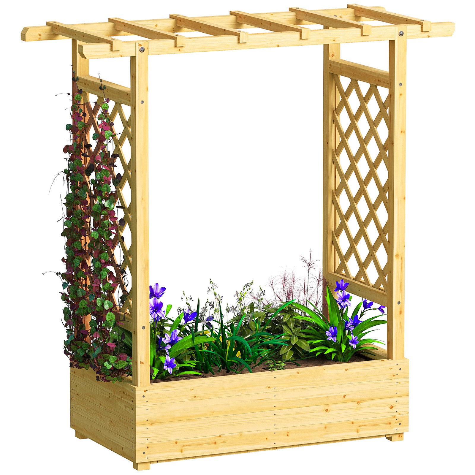 Outsunny Raised Bed for Garden with Trellis, 110 x 44 x 113 cm, Natural