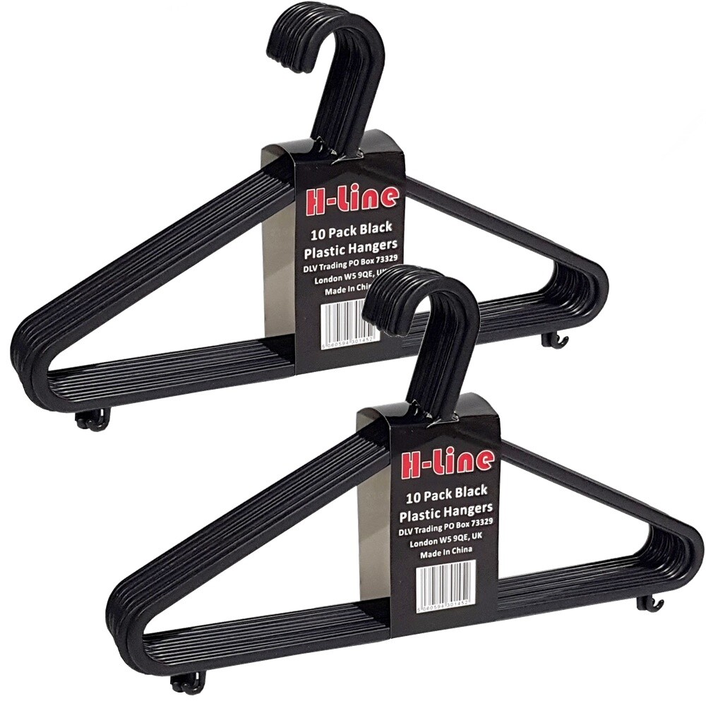 20 x BLACK ADULT PLASTIC COAT HANGERS TROUSERS CLOTHES HANGER W TROUSER BAR LIPS