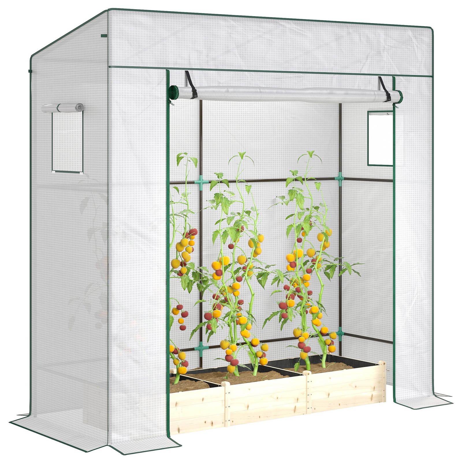 Walk-in Garden Green House with Large Roll-up Door and 2 Mesh Windows, White