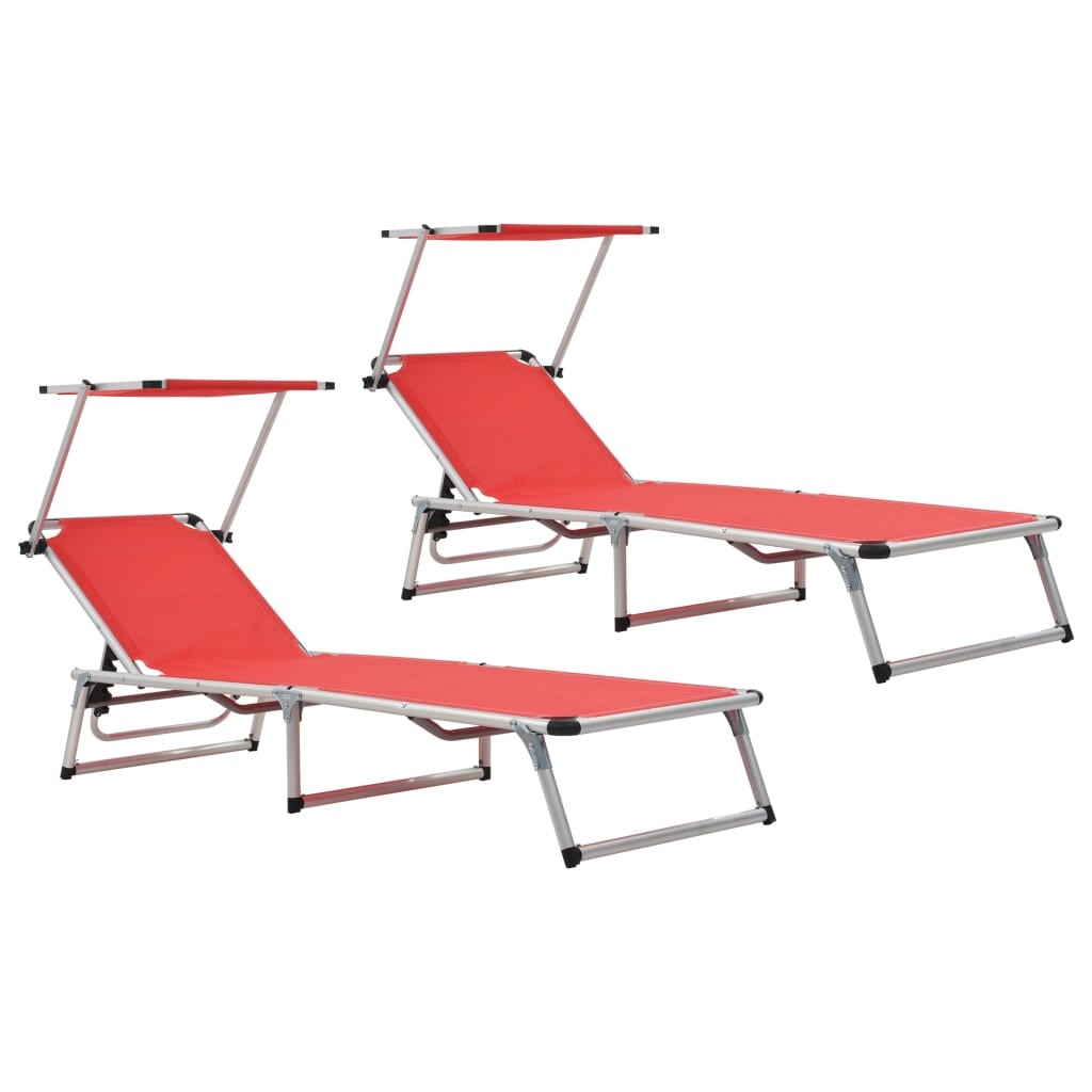 2x Folding Sun Loungers with Roof Aluminium&Textilene Red Lounge Bed vidaXL