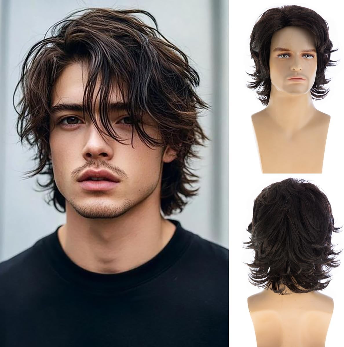 Mens Short Curly Brown Wig Natural Looking Hair Wig Daily Party